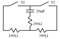 In the circuit shown in the figure,the switches S1 and S2 are initially open and the 20-mF capacitor has a charge of 100 mC.About how long will it take after switch S1 is closed (switch S2 remains open) for the charge on the capacitor to drop to 5 mC?   A) 3.0 s B) 6.0 s C) 9.0 s D) 12 s E) 18 s 