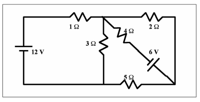 <strong>The circuit in the figure has 5 resistors and 2 ideal batteries.What is the magnitude of the current in the 4-ohm resistor? </strong> A)1.2 A B)1.5 A C)1.8 A D)2.6 A E)4.5 A