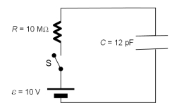 In the circuit shown the capacitor is initially uncharged and the switch is open.Determine how much charge would accumulate after switch S has been closed for 0.1 ms.   A) 1.47 nC B) 14.7 nC C) 67.8 nC D) 67.8 pC 