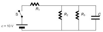 <strong>In the circuit shown,R<sub>1</sub> = 10 \varOmega ,R<sub>2</sub> = 4 \varOmega ,R<sub>3</sub> = 10 \varOmega , \varepsilon = 10 V,and capacitor has a capacitance C = 2 \mu F.Determine the energy stored in the capacitor when switch S has been closed for a long time. </strong> A)3.27 µJ B)1.02 mJ C)4.94 µJ D)3.55 mJ