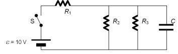 <strong>In the circuit shown,R<sub>1</sub> = 10 \varOmega ,R<sub>2</sub> = 4 \varOmega ,R<sub>3</sub> = 10 \varOmega , \varepsilon = 10 V,and capacitor has a capacitance C = 2 \mu F and the switch S has been closed for a long time.After switch S is opened,how much total energy is dissipated through R<sub>3</sub>? </strong> A)3.27 mJ B)1.02 mJ C)4.84 µJ D)1.41 µJ