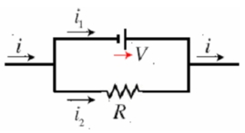  Use Kirchhoff's rules to solve for i1 (in a) in the circuit shown above where i = 15.0 A,V = 14.0 V,and R = 6.00  \varOmega .Note that this drawing represents a subset of a full circuit.   A) 13.6 B) 15.3 C) 17.3 D) 19.6 E) 22.1  