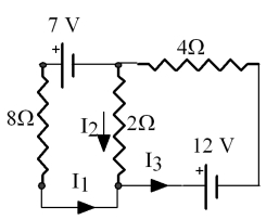 Which one of the equations is incorrect for the circuit below?   A) I<sub>1</sub> + I<sub>2</sub> - I<sub>3</sub> = 0 B) 8I<sub>1</sub> - 2 I<sub>2</sub> = 7 C) 2I<sub>2</sub> + 4I<sub>3</sub> = -12 D) I<sub>3</sub> - I<sub>1</sub> - I<sub>2</sub> = 0 E) All of the above are correct. 