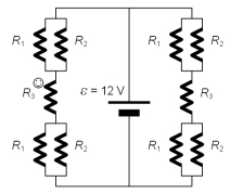  In the circuit shown,R<sub>1</sub> = 3 \varOmega ,R<sub>2</sub> = 6  \varOmega ,R<sub>3</sub> = 20  \varOmega ,and  \varOmega  = 12 V.Calculate the magnitude of current flowing through R<sub>3</sub> on the left branch of the circuit (marked with ☺) .   A) 0.5 A B) 1.0 A C) 0.25 A D) 2.0 A  