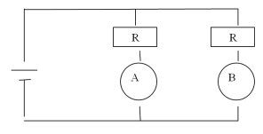 Two identical bulbs,A and B,are connected in an electrical circuit as shown in the figure.R is the resistance connected in series with the each bulb.Initially they are glowing with equal intensity.Bulb A is removed from the socket;the potential difference across the empty socket A will   A) decrease. B) increase. C) not change. D) become zero. 