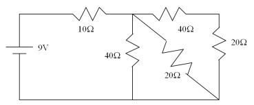What is the current that flows out of the ideal 9-V battery in the circuit in the figure?   A) 0.07 A B) 0.43 A C) 0.54 A D) 0.90 A E) 3.0 A 