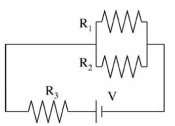  In the circuit shown,R1 = 9.00  \varOmega ,R2 = 14.0  \varOmega ,R3 = 2.50  \varOmega ,and V = 16.0 V.Find the total power dissipated in the circuit (in W) .   A) 10.53 B) 15.26 C) 22.13 D) 32.09 E) 46.53  