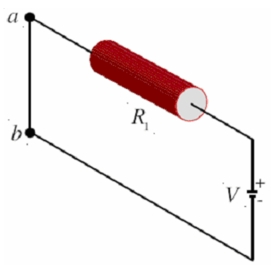  A circuit containing a battery with V = 10.3 V and a resistor R1 = 15.7  \varOmega  is shown.If we replace the wire between points a and b with a second resistor R2 = 26.8  \varOmega ,by how much (in a) will the total current through the battery change?   A) -0.265 B) -0.331 C) -0.414 D) -0.517 E) -0.646  