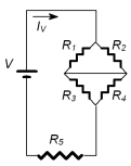  Consider this circuit.Let R<sub>1</sub> = R<sub>2</sub> = R<sub>3</sub> = R<sub>4</sub> = R<sub>5</sub> = 10  \varOmega .If V= 20 V then what is the current I<sub>V</sub> going through the circuit?   A) 0.5 A B) 1.0 A C) 1.5 A D) 2.0 A E) 10.0 A  
