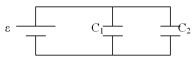 In circuit shown two identical parallel plate capacitors are connected.Initially the space between the plates of each capacitor is filled with air.If we wish to double the total amount of charge stored on both capacitors for the same applied voltage,which material should we use to fill the space between the plates?   A) Fill C<sub>1</sub> with glass (dielectric constant of 4) and leave C<sub>2</sub> alone. B) Fill C<sub>1</sub> with Teflon (dielectric constant of 2) and leave C<sub>2</sub> alone. C) Fill both C<sub>1</sub> and C<sub>2</sub> with Teflon (dielectric constant of 2) . D) Fill both C<sub>1</sub> and C<sub>2</sub> with glass (dielectric constant of 4) . 