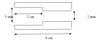 <strong>Two metal plates,as shown in the figure,extend 5 cm into the page.The plates are machined in this shape to serve as electrodes in electrical equipment.The capacitance of this machined capacitor is  </strong> A)2.53 pF. B)6.20 pF. C)9.89 pF. D)12.39 pF. E)29.24 pF. <div style=padding-top: 35px> 