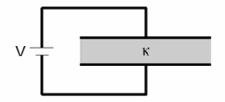  Consider a parallel plate capacitor with area 1485 cm<sup>2</sup>.The plates are separated by a distance 0.100 mm.The volume between the plates is filled with a material with a dielectric constant of 3.10.A voltage of 70.0 V is maintained across the plates using a battery.What is the charge stored in the capacitor (in  \mu C) ?   A) 2.14 B) 2.85 C) 3.79 D) 5.04 E) 6.71  