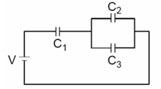  In the circuit shown,three capacitors with C1 = C2 = C3 = 10.00  \mu F are connected to a battery with voltage V = 194 V.What is the voltage across capacitor C1 (in V) ?   A) 129.3 B) 146.1 C) 165.1 D) 186.6 E) 210.9  