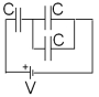What is the total energy stored in the capacitors in the circuit shown?   A) 1/2 CV<sup>2</sup> B) 3/2 CV<sup>2</sup> C) 2/3 CV<sup>2</sup> D) 1/3 CV<sup>2</sup> E) 5/2 CV<sup>2</sup> 