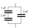 The equivalent capacitance for the three capacitors shown is   A) 6 nF. B) 0.167 nF. C) 3.67 nF. D) 0.27 nF. E) 0.667 nF . 