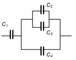 Consider the assembly of capacitors shown here.Let C<sub>1</sub> = C<sub>2</sub> = C<sub>3</sub> = C<sub>4</sub> = 20 mF.What is the equivalent capacitance of this circuit?   A) 10 mF B) 15 mF C) 30 mF D) 80 mF E) 40 mF 