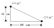 Two point charges are located at two corners of a triangle as shown.What is the electric potential at the right corner of the triangle?   A) 2.1 * 10<sup>5</sup> V B) 3.4 * 10<sup>5</sup> V C) 4.5 * 10<sup>5</sup> V D) 6.3 * 10<sup>5</sup> V E) 7.2 * 10<sup>5</sup> V 