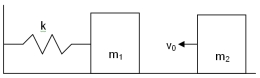 <strong>A mass m<sub>1</sub> = 7.0 kg is at rest on a frictionless horizontal surface and connected to a wall by an ideal spring with a spring constant of k = 50 N/m as shown in the figure.A second mass m<sub>2</sub> = 3.0 kg is moving to the left at v<sub>O</sub> = 8.0 m/s.The two masses then collide and stick together.What is the maximum compression of the spring? </strong> A)0.48 m B)1.1 m C)2.0 m D)2.4 m E)16 m