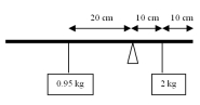 <strong>Two weights are hanging on a 60-cm long,100-g mass uniform wooden bar as shown in the figure.Is this system in equilibrium? </strong> A)Yes B)No C)It cannot be determined. D)It depends on value of normal force.