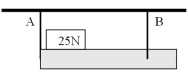 <strong>A board,with a weight of 85 N and a length of 6.0 m,is supported by two vertical ropes,as shown in the figure.Rope A is connected to one end of the board and rope B is connected a distance of 1.5 m from the other end of the board.A box with a weight of 25 N is placed on the board with its center of mass 1.0 m from rope A. What is the tension in rope A on the left? </strong> A)13 N B)25 N C)38 N D)48 N