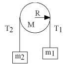 Two masses are hung by a massless cord over a disk with radius R and mass M as shown.If the angular velocity of the disk is 2 rad/s counterclockwise and is not changing,which one of the following statements is true?   A) T<sub>2</sub> > m<sub>2</sub>g B) T<sub>2</sub> > T<sub>1</sub> C) The net torque on the disk must be zero. D) The angular acceleration of the disk is counterclockwise. E) T<sub>1</sub>m<sub>1</sub> + T<sub>2</sub>m<sub>2</sub> = Mg 