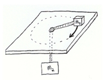 <strong>Two masses are attached to a 1-meter rope as shown such that half of the rope hangs vertically below the frictionless table.m<sub>1</sub> (= 2 kg)is set into circular motion with speed 3.0 m/s.What is the value of m<sub>2</sub> if m<sub>2</sub> is to remain stationary?  </strong> A)5.2 kg B)4.6 kg C)3.7 kg D)2.5 kg E)2.0 kg <div style=padding-top: 35px> 