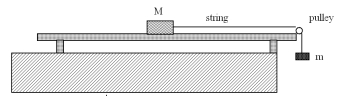 A mass M slides on a horizontal surface.A mass m is attached to a string routed over a pulley as shown below.Friction is present.When m is released,M accelerates to the right.The coefficient of friction between M and the surface is µ<sub>k</sub>.Which one of the following statements is true?   A) Doubling the mass of m will double the acceleration. B) Doubling the mass of M will halve the acceleration. C) µ<sub>k</sub> will increase as mass M accelerates. D) Doubling the mass of M will double the force of friction. E) Doubling the mass of M will double µ<sub>k</sub>. 