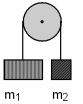 Consider two blocks hung by a massless string from a frictionless pulley as shown in the figure.The masses of the blocks are m<sub>1</sub>=5 kg and m<sub>2</sub>=7 kg.The bottoms of the blocks are 20 meters above the top of the table.While m<sub>2</sub> is accelerating downward,what is the magnitude of the tension in the string (within 5% accuracy) ?   A) 57 N B) 49 N C) 69 N D) 80 N E) 5 
