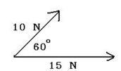 Two forces are acting on an object and are shown in the diagram below.What is the net force acting on this object? Measure the direction counterclockwise from the 15 N force.   A) 21.8 N at 23.4<sup>o</sup> B) 24.2 N at 40.0<sup>o</sup> C) 5.0 N at 20.0<sup>o</sup> D) 24.2 N at 11.9<sup>o</sup> E) 25.0 N at 20.0<sup>o</sup> 