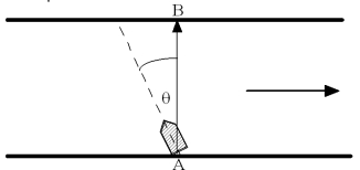  A boat crosses a stream which is flowing at 10.0 m/s.The driver of the boat wants to cross the river and arrive directly across the river from where he departed (point A to point B) .What boat speed in m/s is needed to go directly across the river if the driver steers upstream with  \theta  = 30.0<sup> \circ </sup> as shown?   A) 7.5 B) 10.0 C) 15.0 D) 20.0 E) 25.0  