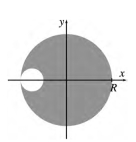 A circular pizza of radius R has a circular piece of radius removed from one side,as shown in the figure.The center of mass of the pizza with the hole is at a distance of R/6 from the center of mass of the original pizza.The radius of the circular piece removed is   A) R/20. B) R/2. C) R/30. D) R/3. E) R/12. 