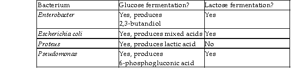 The discussion of carbohydrate catabolism includes some of the many metabolic variations microbes are capable of. Using the information in the following table, devise a set of biochemical tests to identify the bacteria in this example Assume you can detect various organic compounds. Prepare a dichotomous key of your identification scheme.   