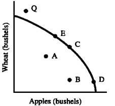 Figure 3-4    -In Figure 3-4,for which of the following would this statement be true:  To get more apples we have to give up wheat.  A movement from A) A to E B) C to D C) D to C D) D to E E) B to C