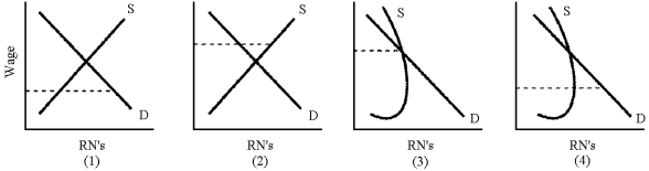 Figure 20-2    -At existing wage rates,hospitals face a shortage of registered nurses.Some studies have suggested that an increase in RN wages will actually reduce the hours supplied by existing RNs,making it more difficult for hospitals to find RNs.Which panel in Figure 20-2,where the broken line indicates the existing wage rate,illustrates this case? A) 1 B) 2 C) 3 D) 4