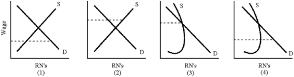 Figure 20-2   -At existing wage rates, hospitals face a shortage of registered nurses.Some studies have suggested that an increase in RN wages will actually reduce the hours supplied by existing RNs, making it more difficult for hospitals to find RNs.Which panel in Figure 20-2, where the broken line indicates the existing wage rate, illustrates this case? A) 1 B) 2 C) 3 D) 4