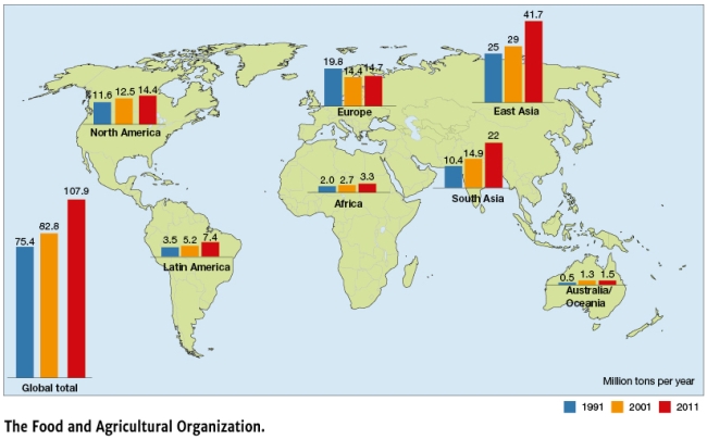 Using Figure 12.24,it appears that ________________ has used the most synthetic nitrogen fertilizer between 2001 and 2011?   A)  Africa B)  East Asia C)  Australia D)  Latin America
