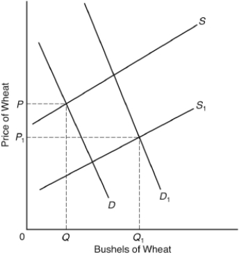 The following question are based on the following graph:     The curves D and S represent the market demand and supply curves for wheat in 1960. The curves D₁ and S₁ represent the market demand and supply curves in 2000. Assume there were no support programs in either year. -In the graph A)  demand rose and supply fell. B)  demand fell and supply rose. C)  both demand and supply fell. D)  both demand and supply rose. E)  demand and supply remained unchanged, but the quantity demanded rose and the quantity supplied fell.