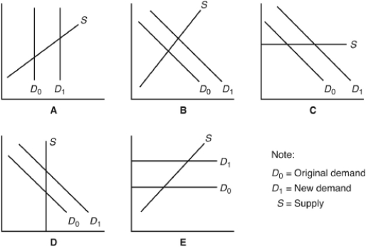   -Which of the above diagrams,illustrating changes in demand,best demonstrates the concept of economic rent? A)  A B)  B C)  C D)  D E)  E