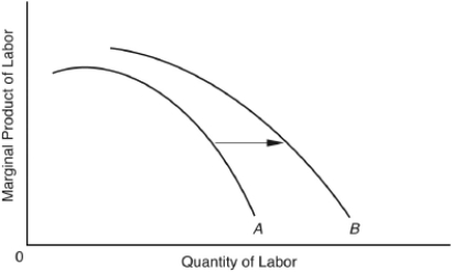 The following question are based on the following diagram:    -If,with this shift,the amount of labor does NOT change, A)  total output will not change. B)  total output will fall. C)  total output will rise. D)  marginal product of labor will not change. E)  unemployment must result.