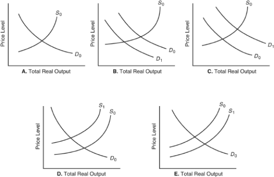 The following question are based on the following diagrams in which D₀ and S₀ refer to the initial aggregate demand and short-run aggregate supply curves:    -Economic conditions during World War II are best illustrated by diagram A)  A. B)  B. C)  C. D)  D. E)  E.
