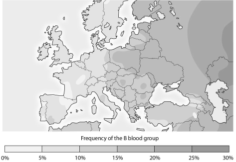   -How does the distribution shown on the map of alleles for the B blood type support the hypothesis that there are no biological races of humans? A)  All human groups show the same frequency of this allele. B)  A distinct frequency pattern of this allele is found in each human group. C)  A gradient of frequency of the allele is found from its origin in Asia outward to Europe. D)  There's no pattern with respect to frequency of this allele throughout Asia and Europe.
