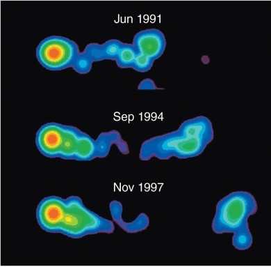   What can be inferred about the distance traveled by the blob of plasma shown moving in this figure at almost the speed of light? A) It moved several light years between 1991 and 1997. B) It could only have moved a small fraction of a light year between 1991 and 1997. C) There is not enough information to tell anything about the distance traveled by the plasma.