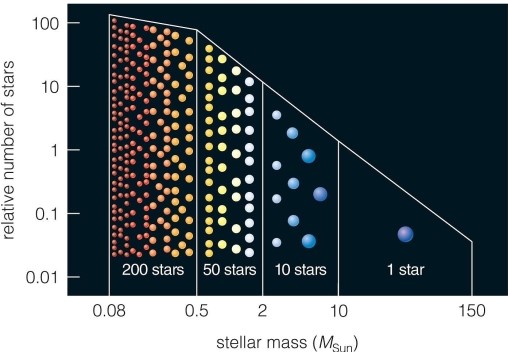   This schematic shows the number of stars formed in each mass range for each star more massive than 10 MSun. What is the mass range of the most common stars? A) 0) 08 - 0.5 MSun B) 10 - 150 MSun C) 2 - 10 MSun D) 0) 5 - 2 MSun