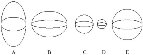 <strong>The picture below shows a sphere as it looks at rest.Suppose the sphere is moving to the right at about 90 percent of the speed of light. Which figure below correctly shows the shape of the sphere as you would measure it? </strong> A)Figure A B)Figure B C)Figure C D)Figure D E)Figure E
