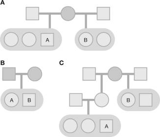 Based on the figures shown here, calculate the coefficient of relatedness for individuals A and B in each case. Show your calculations.  <div style=padding-top: 35px> 