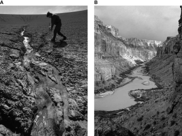 Explain and relate the two geological features shown in the figure, employing the principle of uniformitarianism put forth by Charles Lyell in 1830.