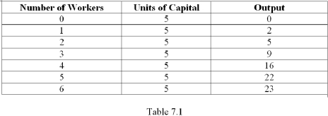   -Refer to Table 7.1.What is the average product of the 4<sup>th</sup> worker? A)  4 units of output B)  3 units of output C)  16 units of output D)  6 units of output