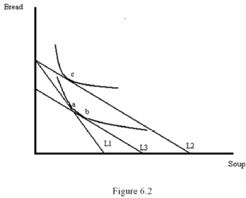   -Figure 6.2 illustrates a change in the price of soup.From the graph,we can conclude that A)  The price of soup has increased and soup is a Giffen good B)  The price of soup has fallen and soup is a Giffen good C)  The price of soup has fallen and soup is a normal good D)  The price of soup has fallen and bread is a Giffen good