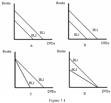   -Refer to Figure 5.1.Which graph most likely represents a doubling of the prices of both Books and DVDs? A)  A B)  B C)  C D)  D