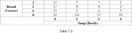   -Refer to Table 5.1,which shows Madeline's preference ranking for various consumption bundles of bread and soup.If the price of soup is $3 per bowl,the price of bread is $3 per loaf and Madeline's income is $9 per day,which combination of bread and soup will she choose? A)  2 loaves of bread and 1 bowl of soup B)  1 loaf of bread and 2 bowls of soup C)  3 loaves of bread and 0 bowls of soup D)  0 loaves of bread and 3 bowls of soup